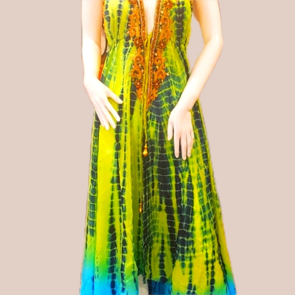 *LAST ONE*MANISH VAID- LIME Grn & Blue TIE Dye SILK Hi-Lo Cry. DRESS-NWT-O/S